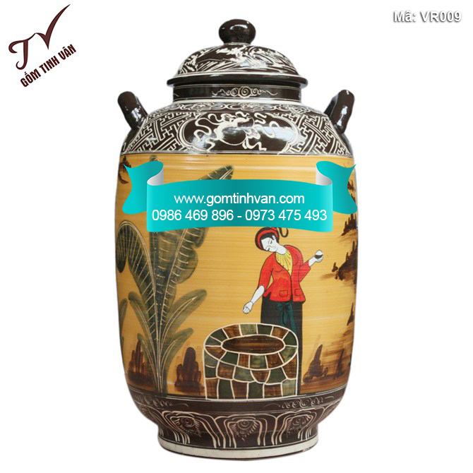 Vò rượu vẽ tranh dân gian cô tấm 2 quai 60 lít  - VR009