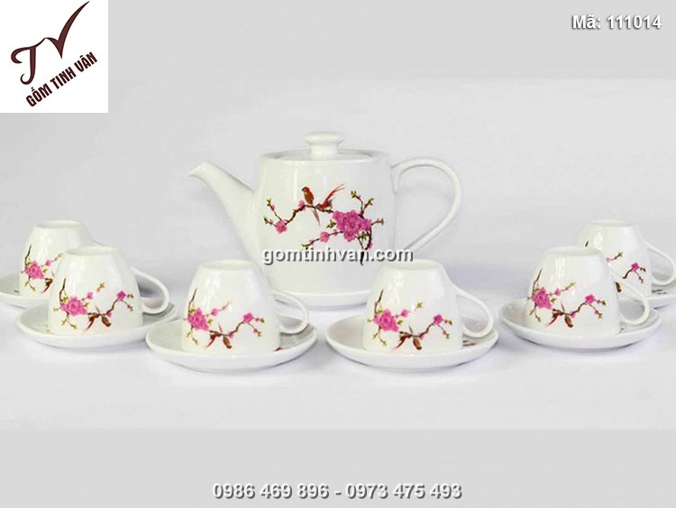 Ấm chén men trắng vẽ chim đào - 111014