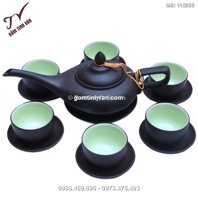 Bộ ấm chén gốm Bát Tràng - Aladanh - lòng xanh - 112033
