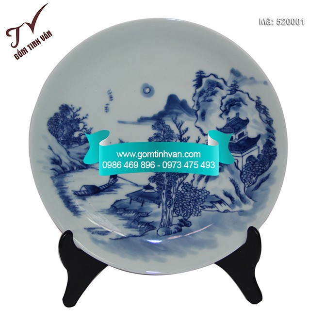 Đĩa cảnh trưng bày vẽ cảnh sơn thủy men lam cổ đường kính 30cm - 520001
