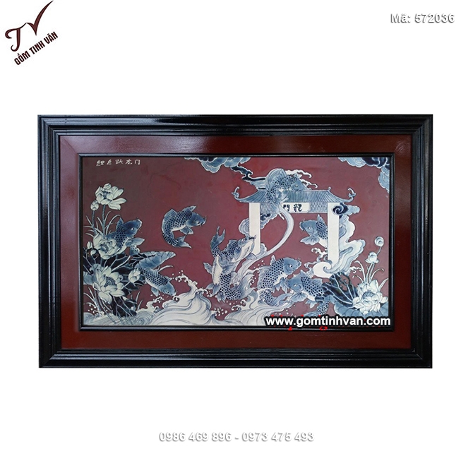 Tranh cá chép vượt vũ môn nền nâu - 572036