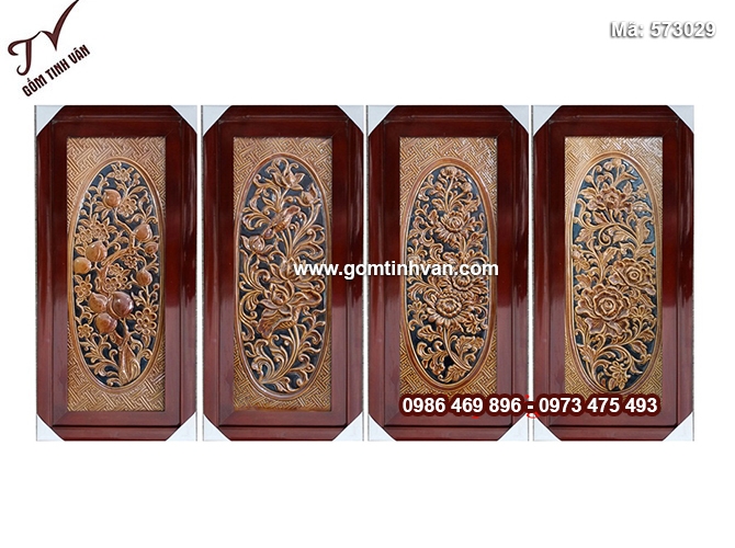 Tranh tứ bình đắp nổi nền nâu rộng 48cm cao 96cm - 573029