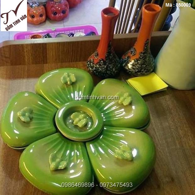 Khay đựng mứt tết hình Hoa Mai màu xanh lá - 850009