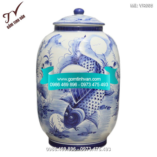 Vò rượu vẽ lý ngư men xanh 30 lít - VR005