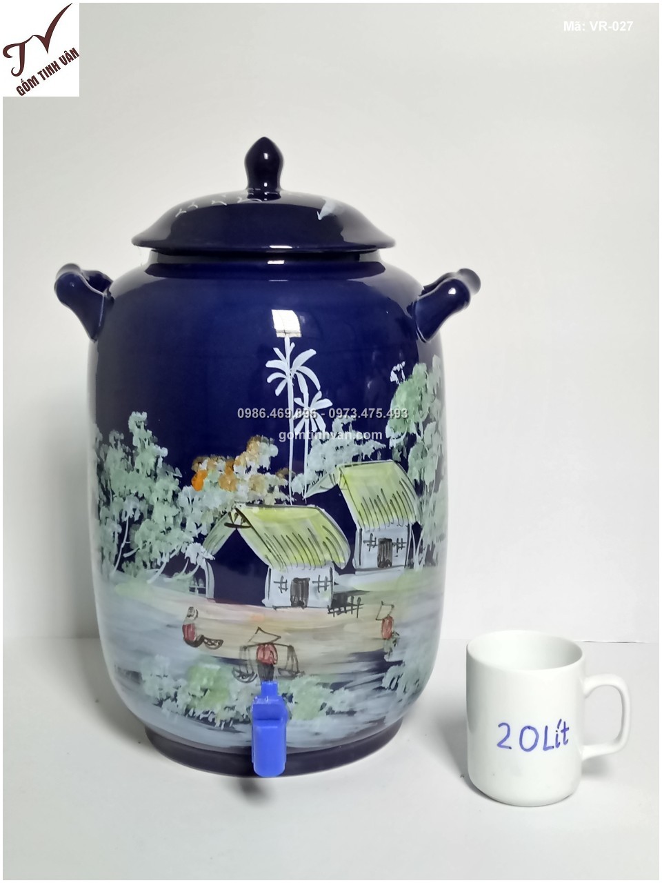 Vò sứ ngâm rượu cảnh Làng Quê men xanh ( 20L) - VR027