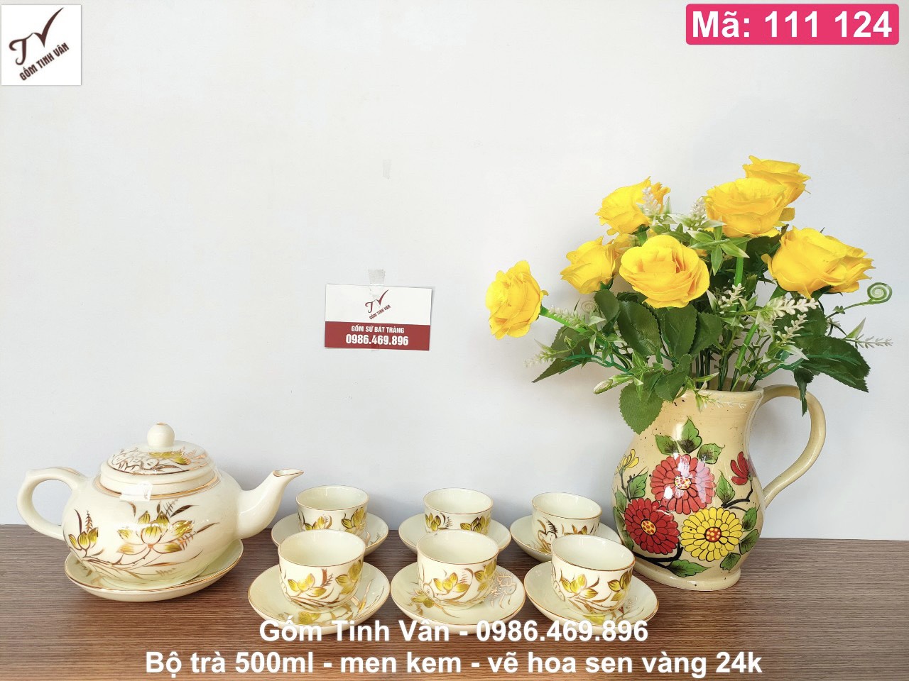 Bộ bình trà men kem hoa sen vàng 24k cao cấp, mã 111124, 1 ấm 650ml, 6 chén, 7 đĩa, gốm bát tràng tinh vân
