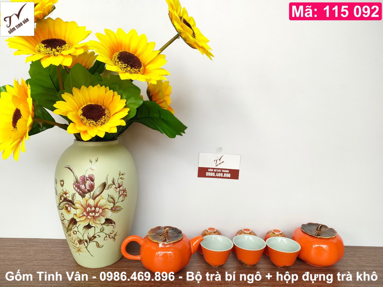 Bộ bình trà bí ngô men cam, mã 115092, gồm 1 ấm 450ml, 6 ly, 1 hộp trà, gốm sứ bát tràng tinh vân