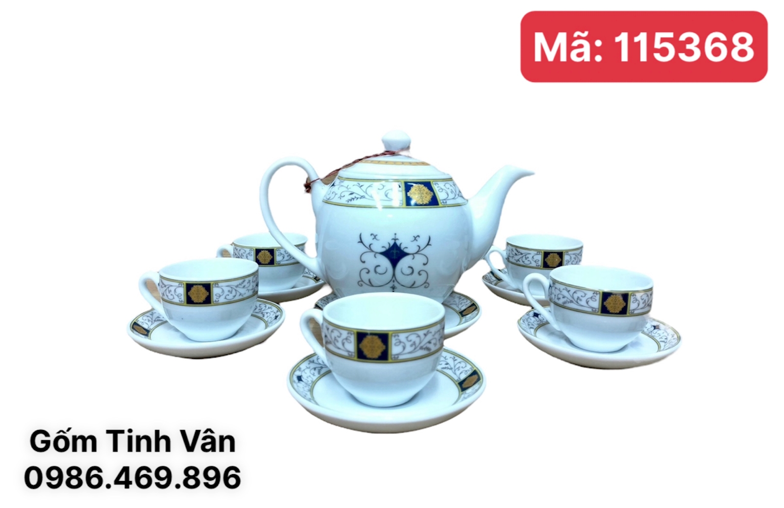Bộ bình trà, mã 115368, men trắng,viền hoa văn, 600ml, Bát Tràng tinh vân