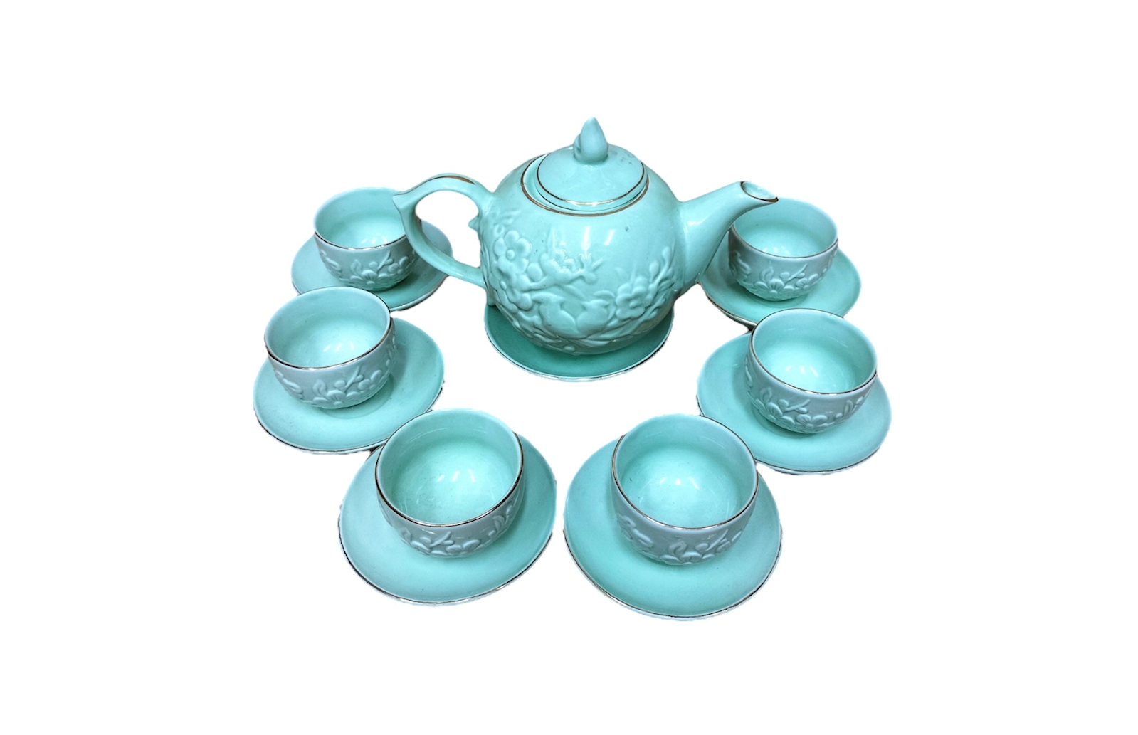Bộ bình trà men xanh ngọc, mã 115361, đắp nổi 3D chim hoa đào, gốm sứ bát tràng tinh vân