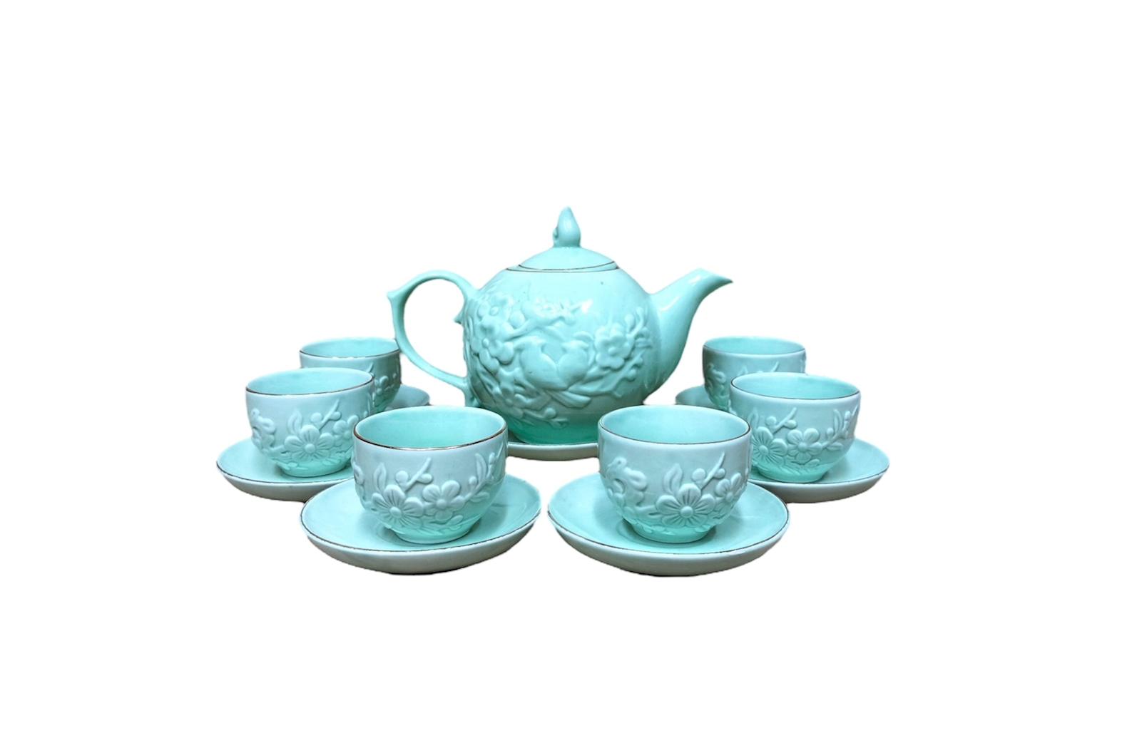 Bộ bình trà men xanh ngọc, mã 115361, đắp nổi 3D chim hoa đào, gốm sứ bát tràng tinh vân