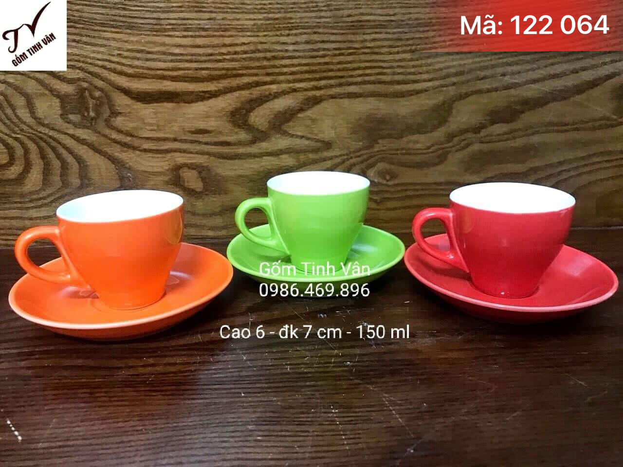 Bộ 3 ly cafe và đĩa kê, mã 122064, men màu, cam, xanh cốm, đỏ, cao 6 cm dk 8 cm, dung tích 150ml, cafe capuchino, espresso, in logo nhà hàng, gốm sứ bát tràng, tinh vân