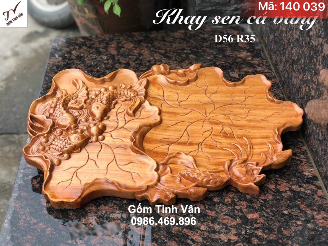 Khay sen cá màu vàng gỗ hương nguyên khối, mã 140039, kích thước 56x35 cm, bàn gỗ để bộ trà sang trọng, khay trà gỗ tinh vân