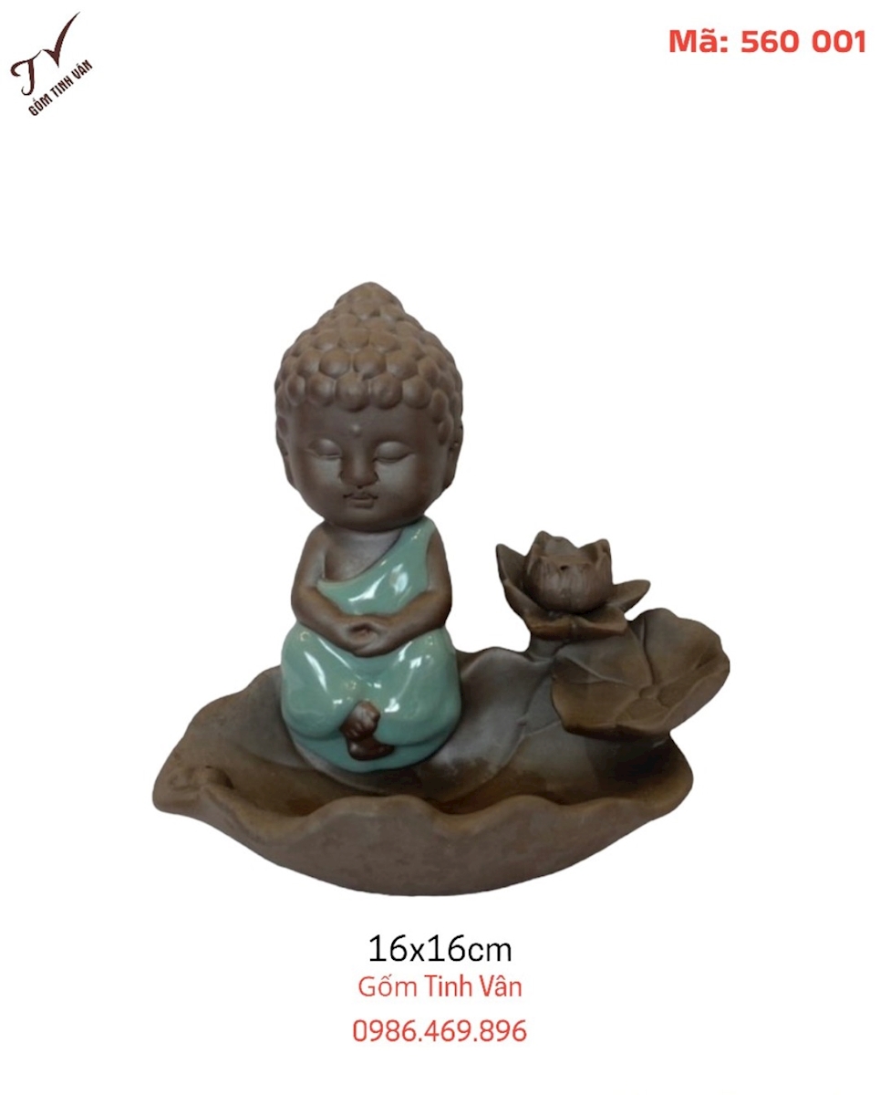 Tượng phật áo xanh ngồi trên lá sen,tượng đốt trầm hương, nhỏ gọn,đẹp,chất liệu làm bằng gốm tử sa kết hợp tráng men,kích thước 16x16cm