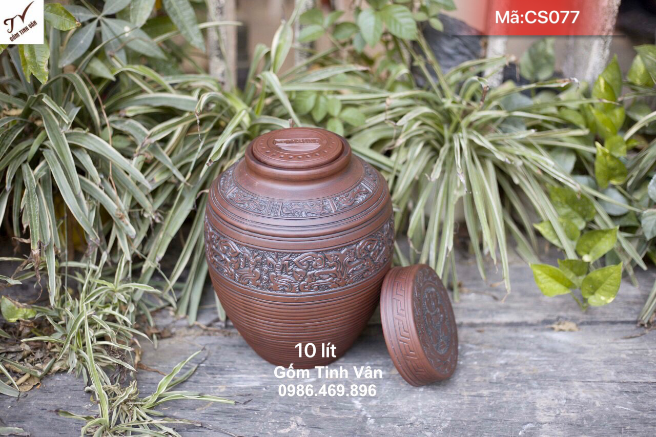 Chum sành trống đồng 10 lit, mã CS077, chum đông sơn âu lạc, hoa văn khắc tay thủ công tinh xảo, 2 nắp kín bình, ngâm rượu ngon, khử độc, bình rượu trống đồng bát tràng