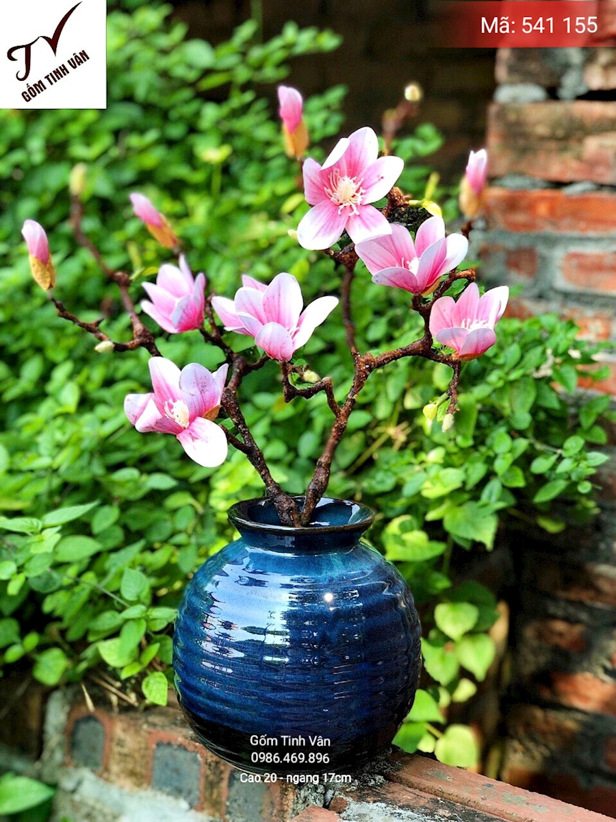 Bình bông men xanh đá hoả biến, kính đen, mã 541155, cao 20 cm ngang 17 cm, gốm bát tràng, tinh vân