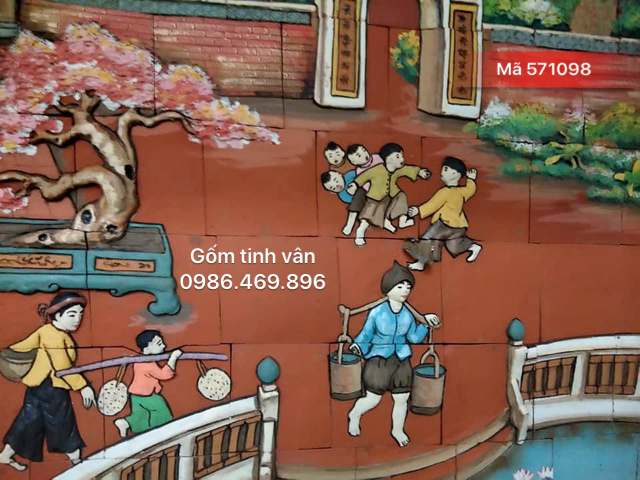 Tranh gốm ghép cỡ lớn, mã 571098, cảnh gánh nước giếng làng, gốm đắp nổi, bát tràng, tinh vân