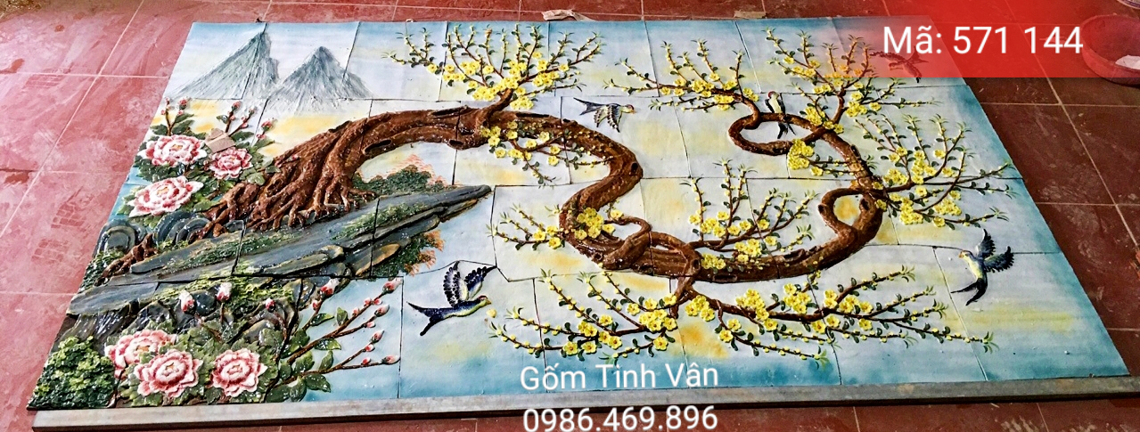 Tranh gom ghep, dap noi 3D, ma 571144, canh cay hoa mai vang vuon ra bien khoi voi dan chim bay phat phoi to diem them mot vai doa hoa do trang, tranh op dan tuong, trang tri san vuon, co lon, hoa van dap tay theo yeu cau, gom su bat trang, tinh van