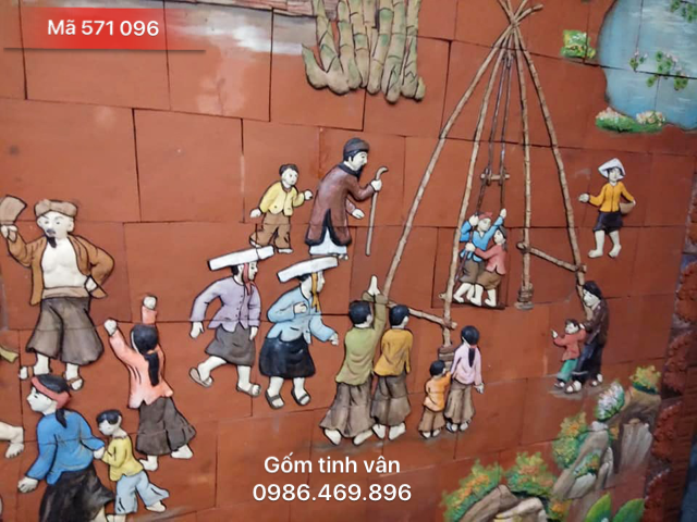 Tranh gốm ghép, mã 571096, cảnh đánh đu dân gian, gốm đắp nổi, bát tràng, tinh vân