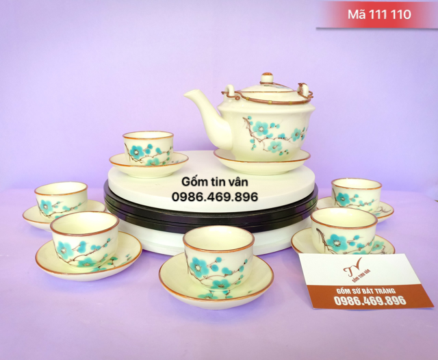 Bộ bình trà men kem, vẽ hoa đào xanh, mã 111110,  gốm sứ bát tràng, tinh vân