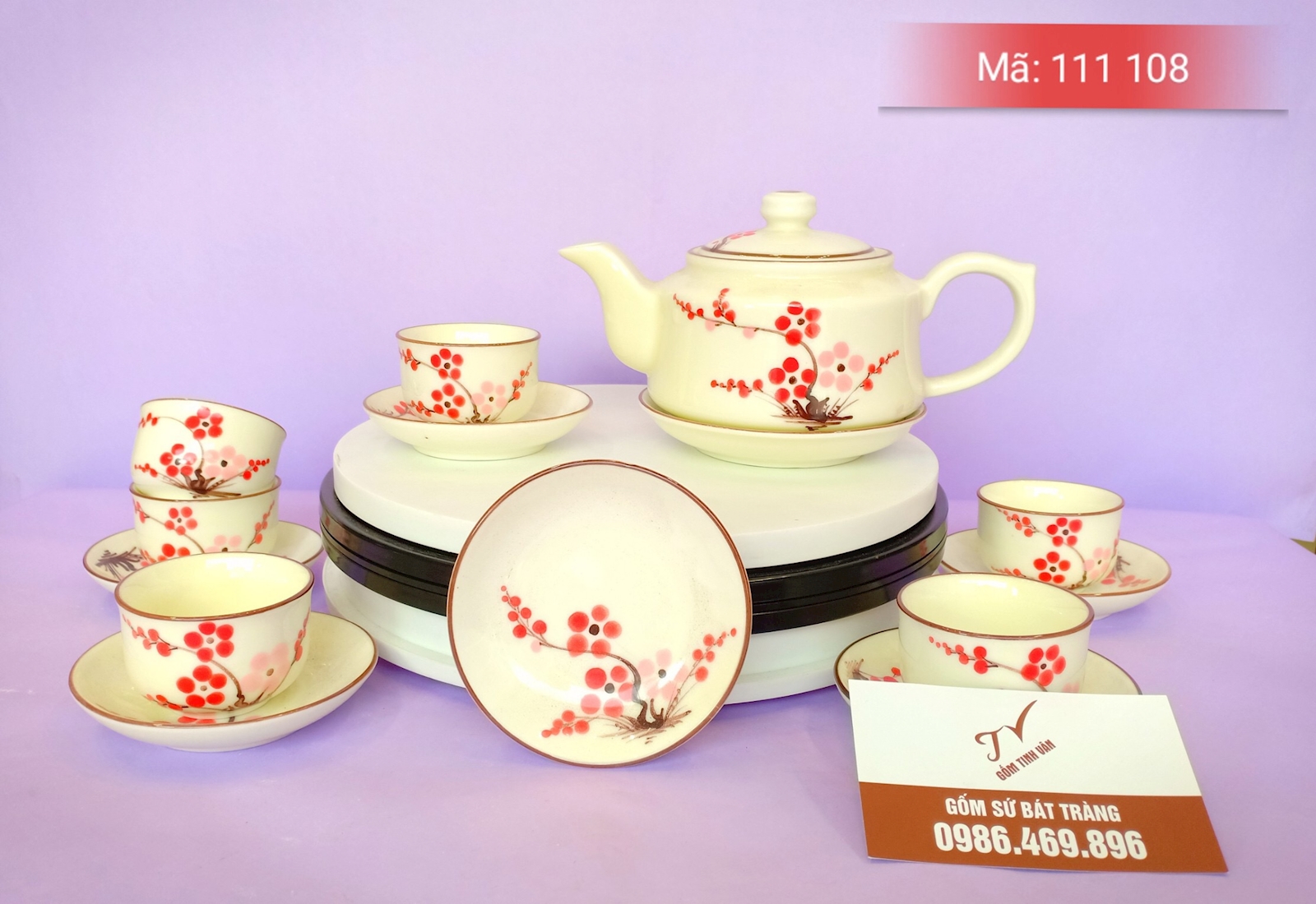 Bộ bình trà men kem, vẽ hoa đào đỏ, mã 111108, gốm sứ bát tràng tinh vân