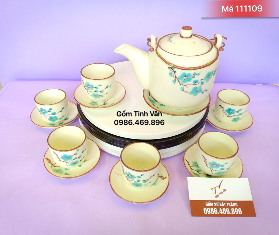 Bộ bình trà men kem, vẽ hoa đào xanh, mã 111109,  gốm sứ bát tràng tinh vân
