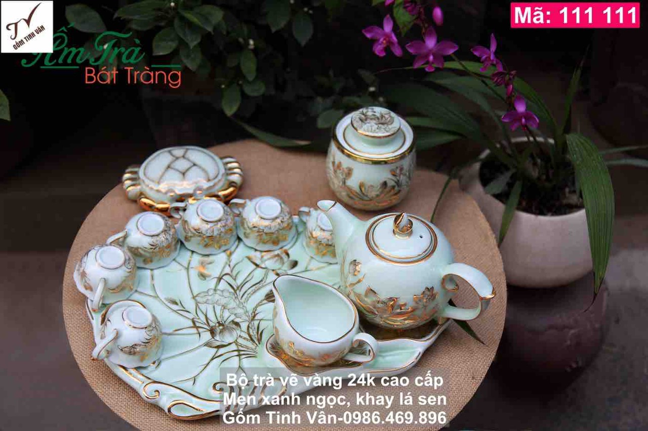 Bộ bình trà men xanh ngọc, vẽ vàng 24 k cao cấp, mã 111111, khay trà kiểu lá sen, đầy đủ phụ kiện, tống trà, hộp trà, gạt tàn hình con cua, trang trí hoa sen vàng lấp lánh, sang trọng, đẳng cấp, gốm sứ bát tràng tinh vân