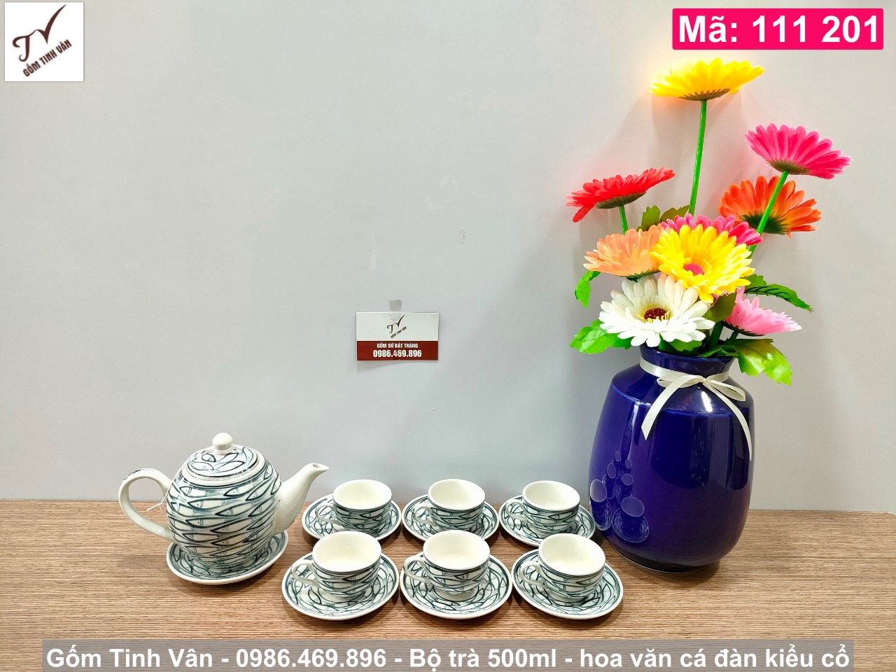 Bộ ấm chén, bình trà 500ml, mã 111201, men trắng hoa văn cá đàn kiểu cổ, gốm sứ bát tràng tinh vân