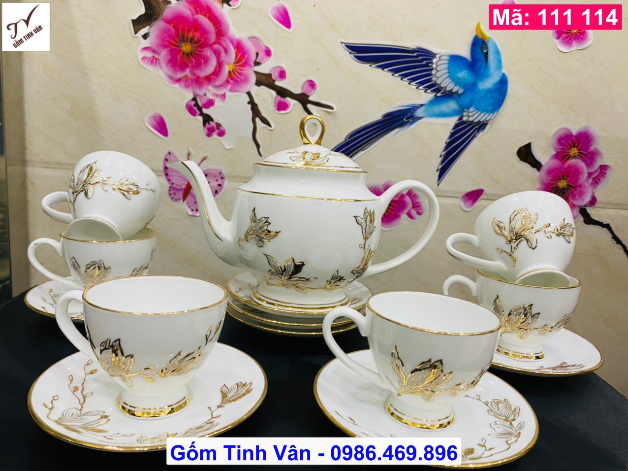 Bộ ấm chén, bình trà, mã 111114, hoa mộc lan nổi 3D, men trắng, vẽ vàng 24k cao cấp, sang trọng, quà tặng quà biếu, gốm sứ bát tràng tinh vân