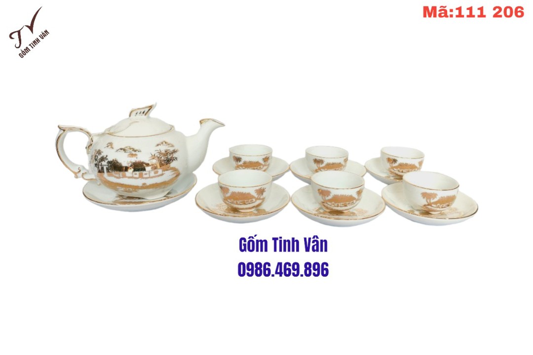 Bộ ấm chén trà, mã 111206, men trắng vẽ vàng 24k,hoa văn cảnh đồng quê,gốm bát tràng tinh vân
