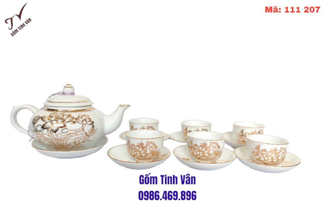 Bộ ấm chén trà,mã 111207,men trắng vẽ vàng 24k,hoa văn cảnh đài hoa sen,gốm bát tràng,tinh vân