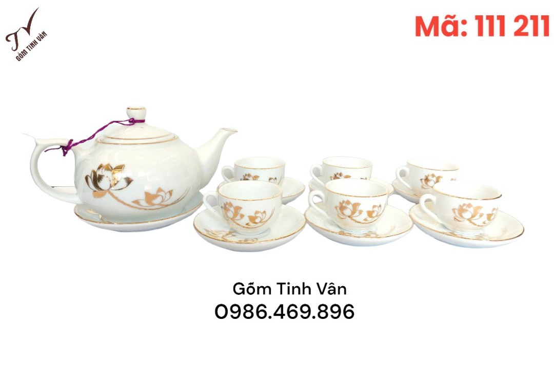 Bộ ấm chén trà,mã 111211,men trắng vẽ vàng 24k,hoa văn cành hoa sen,đơn giản,sang trọng,gốm bát tràng,tinh vân