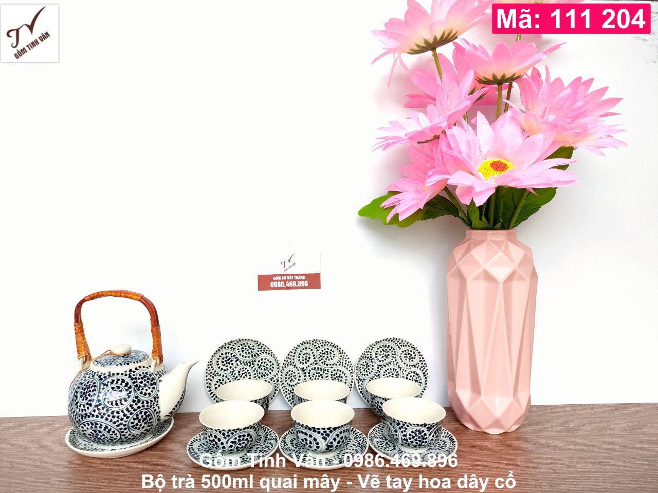 Bộ bình trà 500 ml, vẽ tay hoa dây cổ, mã 111204, quai mây truyền thống, ấm chén gốm bát tràng tinh vân