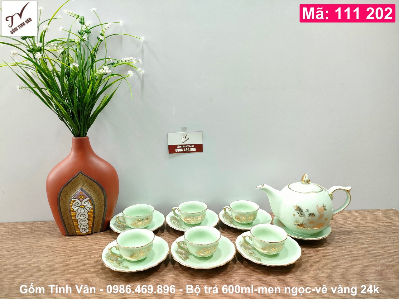 Bộ bình trà 600ml, mã 111202, men xanh ngọc, hoa sen vàng 24k cao cấp, ấm chén gốm bát tràng tinh vân