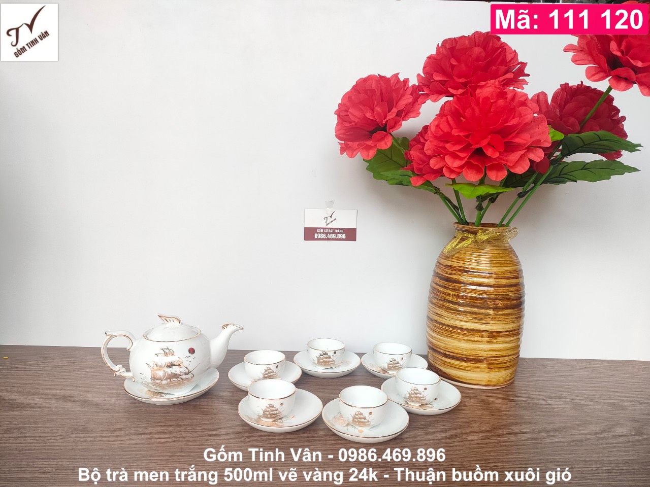 Bộ bình trà men trắng, dáng phượng hoàng, mã 111120, vẽ vàng 24k thuận buồm xuôi gió, 1 ấm 500m, 6 chén, 7 đĩa, gốm bát tràng
