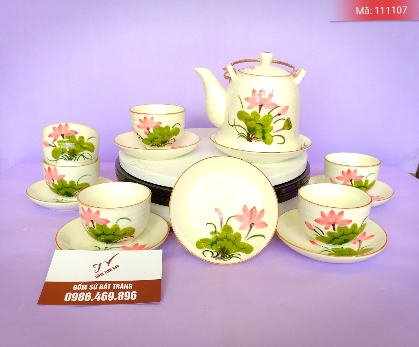 Bộ bình trà men kem, vẽ hoa sen hồng, mã 111107, gốm sứ bát tràng tinh vân