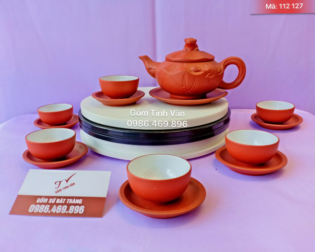 Bộ bình trà gốm tử sa nâu đỏ, mã 112127, ếch ngồi lá sen, gốm sứ bát tràng, tinh vân