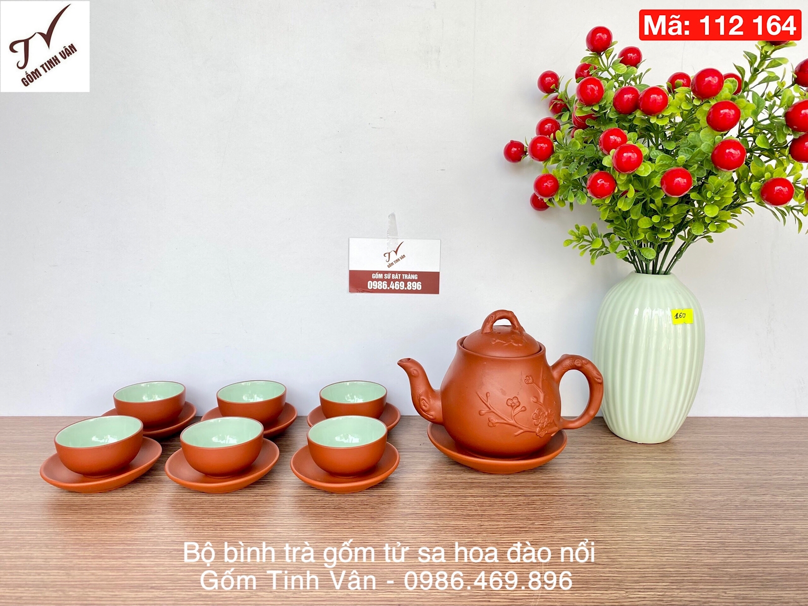 Bộ ấm trà gốm tử sa nâu đỏ, mã 112164, hoa đào đắp nổi 3D, lòng ly men xanh ngọc sang trọng, bình trà 500ml, gốm sứ bát tràng tinh vân