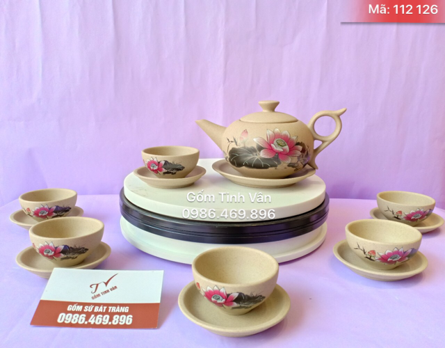 Bộ bình trà gốm tử sa ghi xám vẽ hoa sen, mã 112126, gốm sứ bát tràng tinh vân