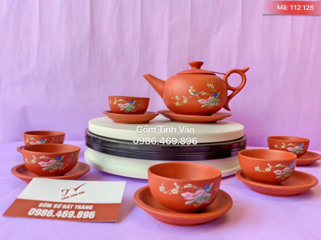 Bộ bình trà gốm tử sa nâu đỏ, vẽ chim hoa, mã 112125, gốm sứ bát tràng tinh vân