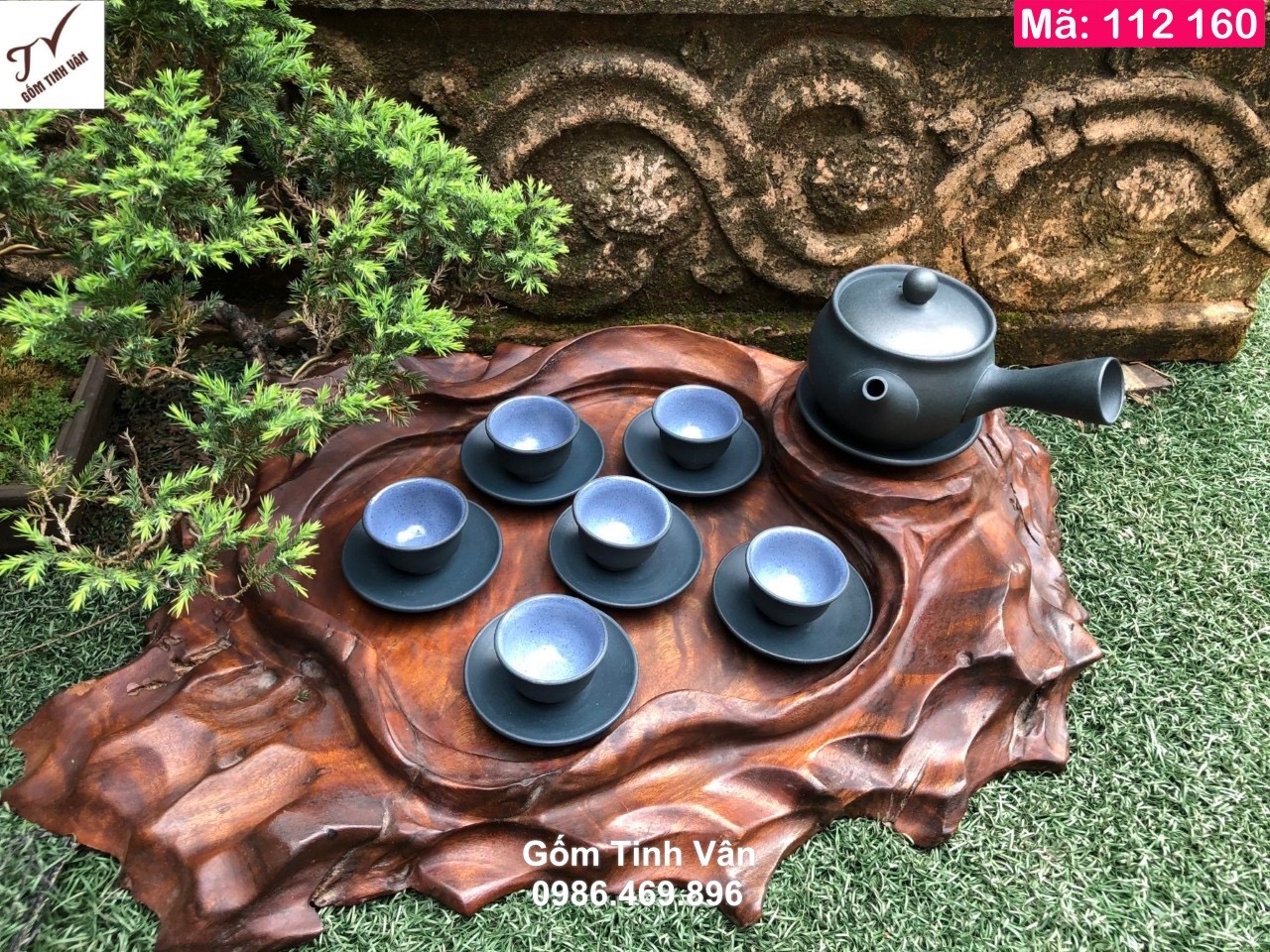 Bộ bình trà gốm tử sa quai ngang, mã 112160, vân gốm xanh tím độc đáo, dung tích ấm 450 ml, ấm chén gốm bát tràng cao cấp, giá báo không gồm khay