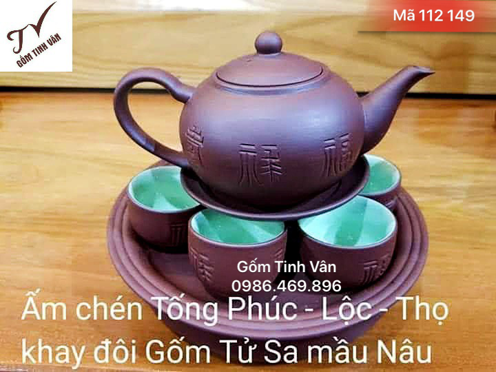 Bộ bình trà gốm tử sa, mã 112149, dáng ấm tống nâu phúc lộc thọ, khay 2 ngăn, dung tích 500ml, ly men xanh ngọc, gốm bát tràng tinh vân