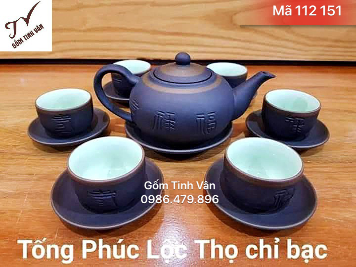 Bộ bình trà gốm tử sa, mã 112151, dáng ấm tống phúc lộc thọ chỉ bạc, dung tích 500ml, ly men xanh ngọc, gốm bát tràng tinh vân