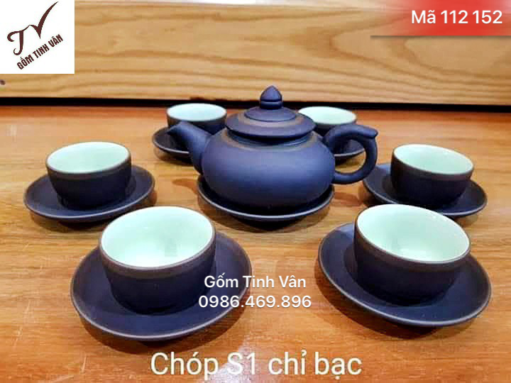 Bộ bình trà gốm tử sa, mã 112152, dáng ấm chóp số 1 chỉ bạc, dung tích 400ml, ly men xanh ngọc, gốm bát tràng tinh vân