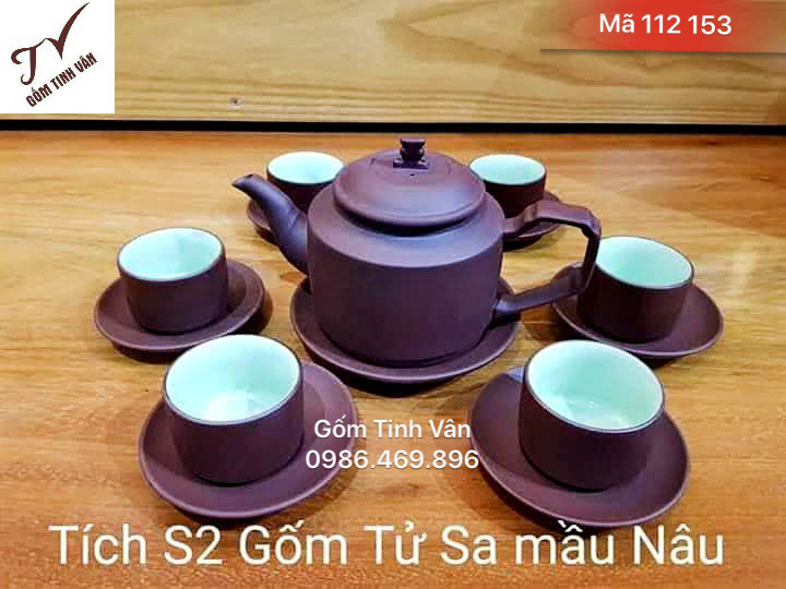 Bộ bình trà gốm tử sa, mã 112153, dáng ấm tích số 2 gốm nâu, dung tích 400ml, ly men xanh ngọc, gốm bát tràng tinh vân