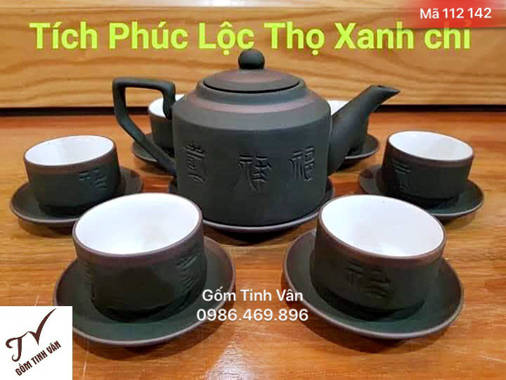 Bộ bình trà gốm tử sa, xanh rêu kẻ chỉ bạc, mã 112142, dáng ấm tích phúc lộc thọ, dung tích 550ml, ly men trắng, gốm bát tràng tinh vân