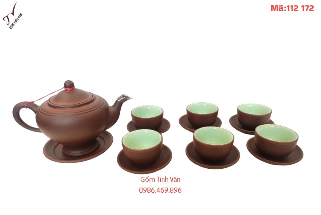 Bộ ấm chén trà,mã 112172, gốm tử sa màu nâu đỏ,có viền nâu đỏ,kiểu dáng đèn thần, dung tích 400ml,nhỏ gọn, đẹp,gốm sứ bát tràng tinh vân