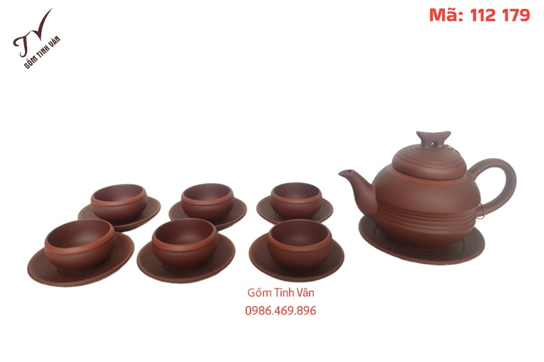 Bộ ấm chén trà,mã 112179, gốm tử sa màu nâu đỏ,có viền nâu đỏ,sọc ngang, dung tích 400ml đẹp,gốm sứ bát tràng tinh vân