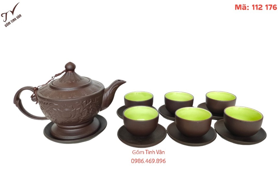 Bộ ấm chén trà,mã 112176, gốm tử sa màu nâu đen,kiểu dáng đèn thần, dung tích 500ml, đẹp,gốm sứ bát tràng tinh vân