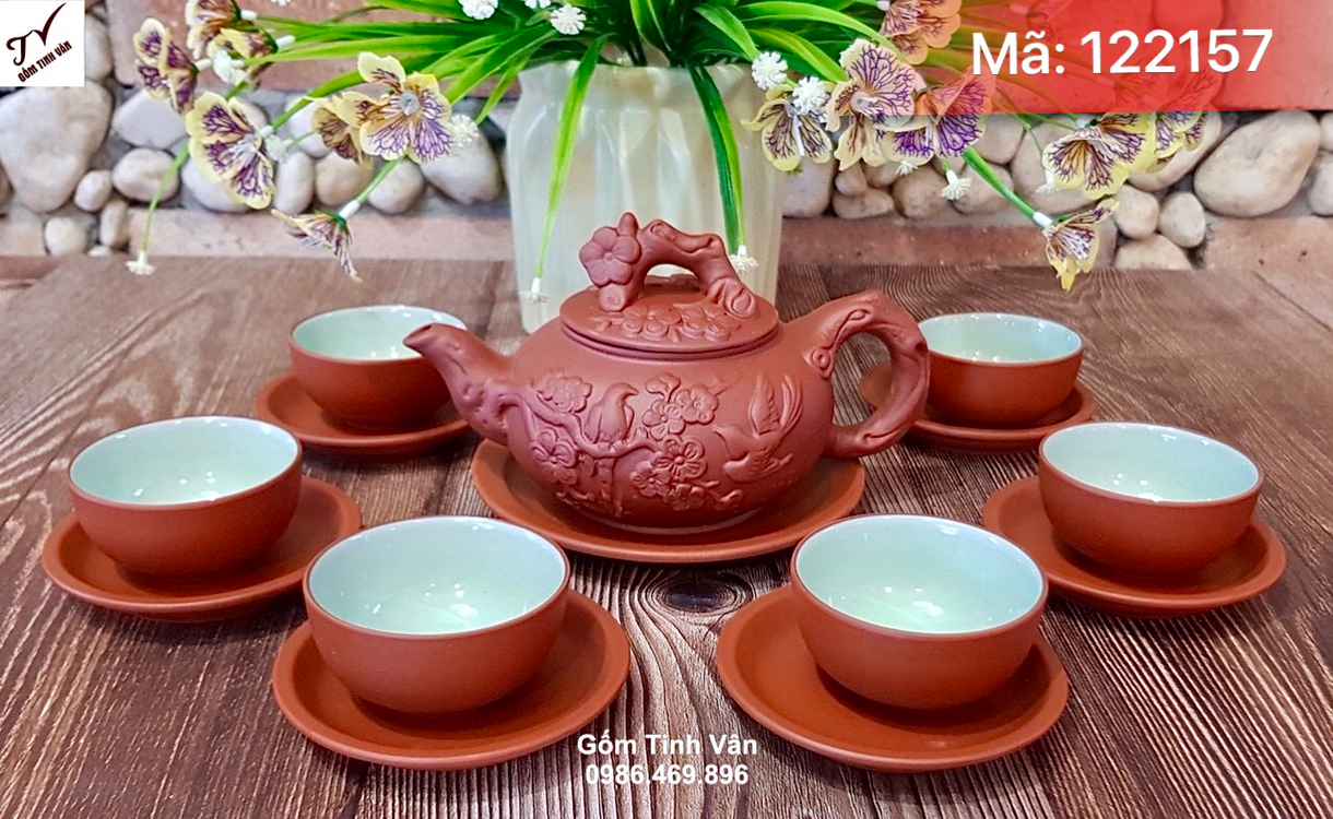 Bộ ấm chén gốm nâu lòng ly xanh ngọc, dung tích 450ml, mã 112158, đắp nổi 3D chim hoa đào, đón mùa xuân về, đâm chồi nảy lộc, bình trà tử sa bát tràng