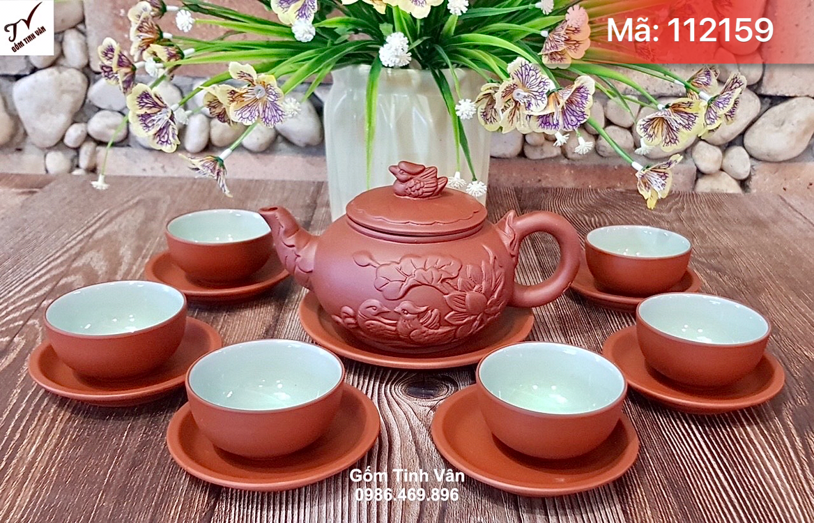 Bộ ấm chén gốm nâu lòng ly xanh ngọc, dung tích 450ml, mã 112159, đắp nổi 3D chim hoa sen, bình an may mắn, ấm chén tử sa bát tràng